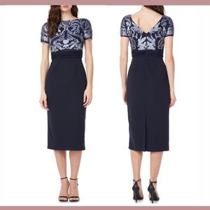 NWT $188 JS COLLECTIONS‎ [ 4 ] Mixed Media Soutache Midi Dress In Navy